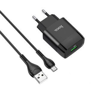 Мережевий зарядний пристрій HOCO C72Q Glorious single port QC3.0 charger set(Micro) 18W Black 6931474732521 фото